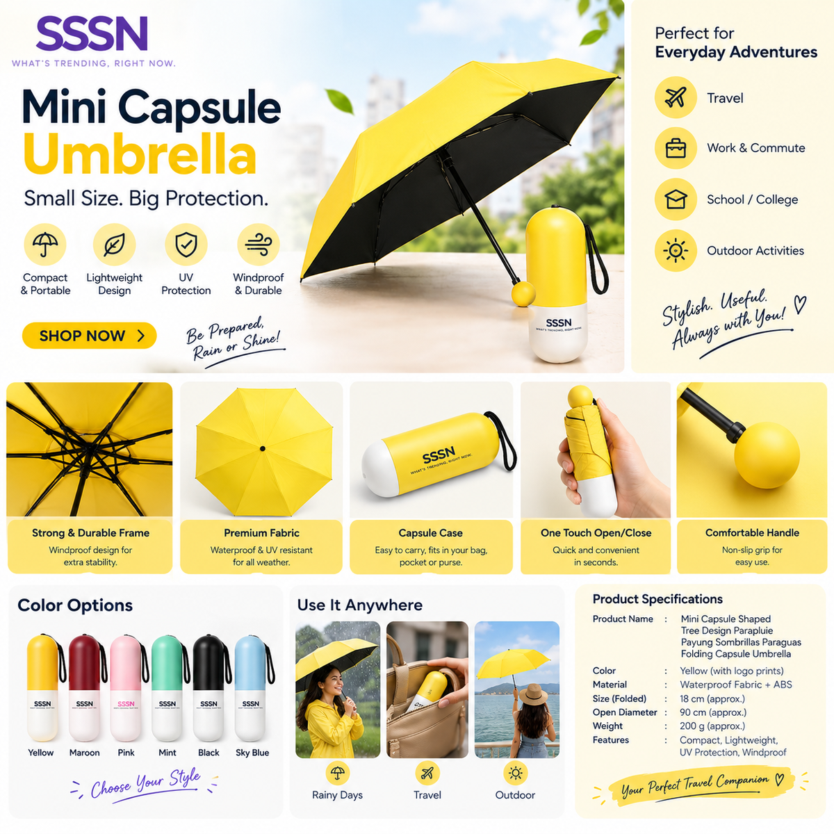SSSN Mini Capsule Folding Umbrella – Compact Travel Umbrella